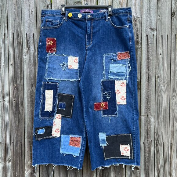 Upcycled Reworked Patched Hippie Boho Distressed Wide Leg Jeans size 20W - Picture 4 of 14